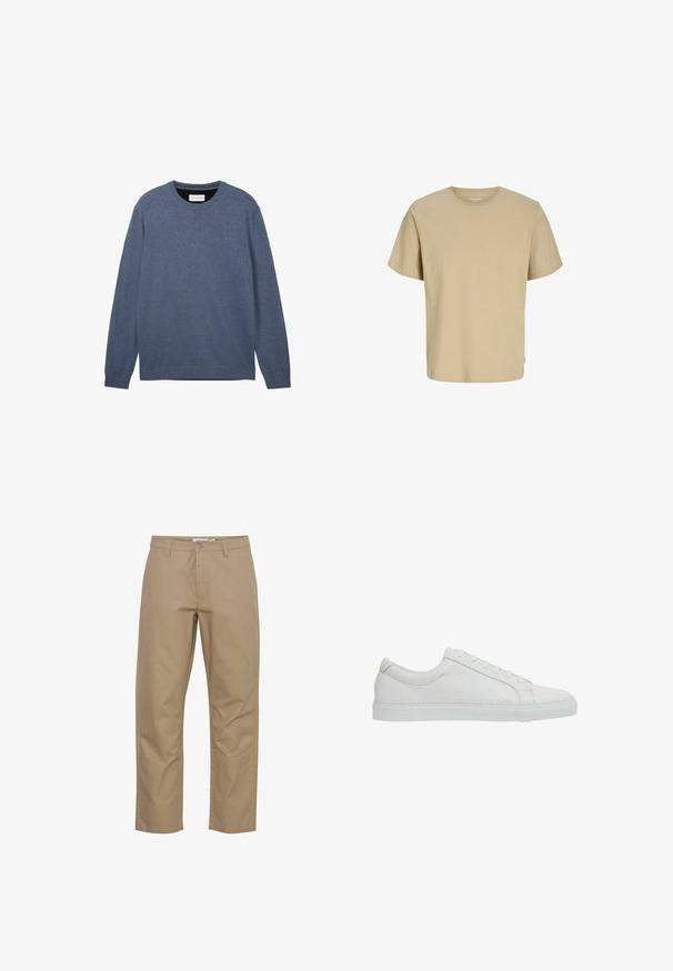 Crewneck sweater i mørkeblå, fremstillet af blødt stof med en glat tekstur, der har lange ærmer og ribbede manchetter samt kant.; Beige kortærmet T-shirt med rund hals og ensfarvet design, uden synlige mønstre eller logoer, vist på hvid baggrund.; Beige bomuldsbukser med lige ben-design, der har en frontknap og lynlås lukning, sidelommer og et rent finish.; Reiss REGULAR FIT - LUCA TUMBLED - Sneakers - white
