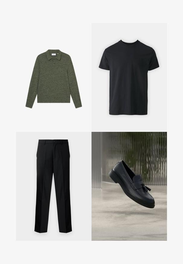 Grüner Strickpullover mit Kragen, langen Ärmeln und einem strukturierten Muster. Verfügt über eine Knopfleiste mit zwei Knöpfen und dezenter Markenkennzeichnung.; Schwarzes Baumwoll-T-Shirt mit kurzen Ärmeln, Rundhalsausschnitt und lässiger Passform. Glatte Textur und gerader Saum, keine sichtbaren Grafiken oder Muster.; Schwarze, maßgeschneiderte Hosen mit geradem Schnitt, ausgestattet mit einem Knopfverschluss, Reißverschluss und Gürtelschlaufen. Glatter Stoff mit seitlichen Taschen.; Schwarze Leder-Loafer mit glatter Textur, gerundeter Zehenpartie und dekorativen Quasten vorne. Flexible Gummisohle mit niedrigem Absatz.