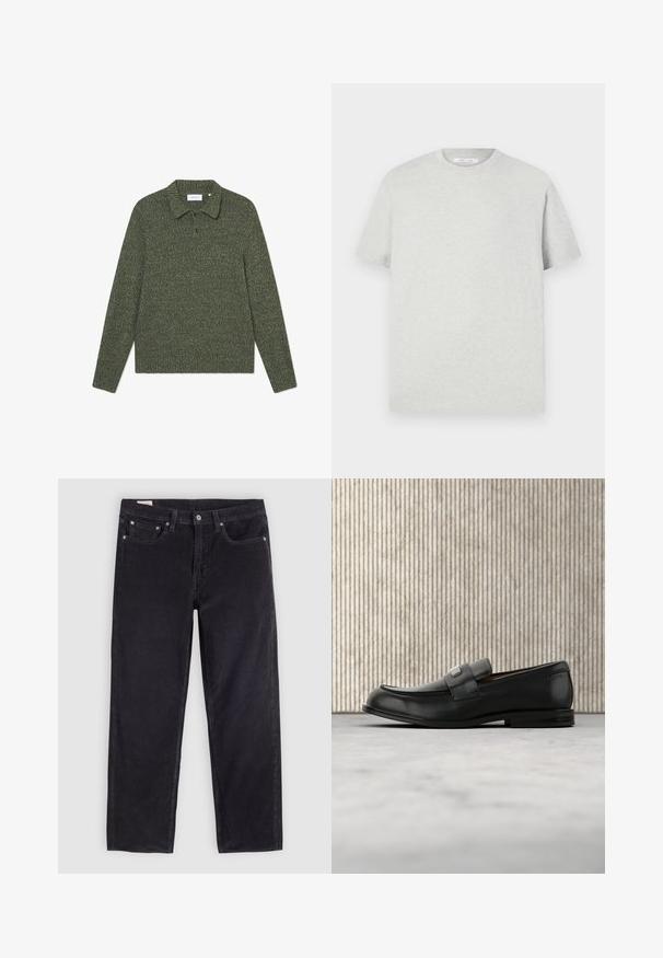 Grøn strikpullover med krave, lange ærmer og et struktureret mønster. Har en to-knap spat og diskret mærkning.; Lys grå kortærmet t-shirt lavet af blødt materiale, med en rund halsudskæring og en afslappet pasform uden synlige mønstre eller detaljer.; Sorte denimbukser med lige ben design, der har fem lomme stil, metal knapdetaljer og en subtil tekstur.; Sort læderloafer med metalbrandskilt hvilende nær et brunt rundt bord på beige tæppe.