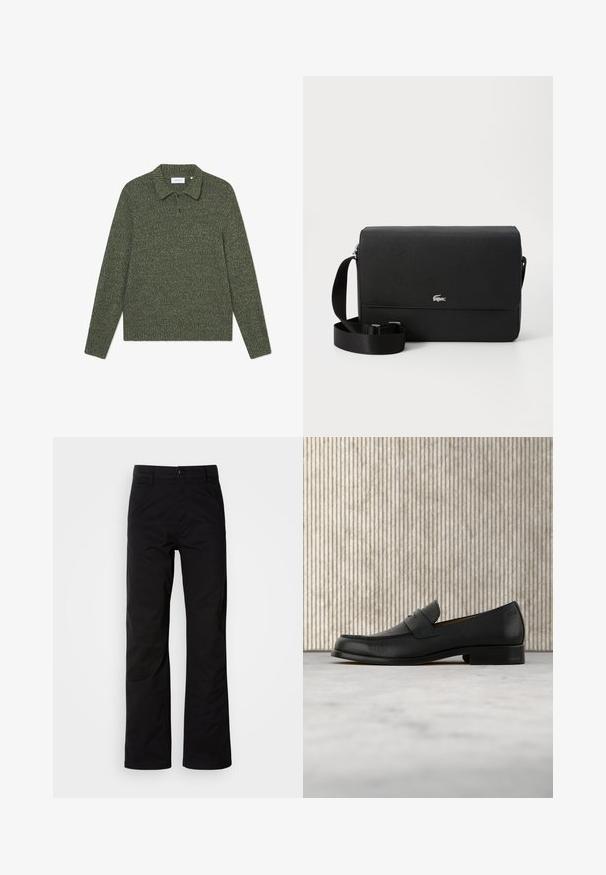 Suéter de punto verde con cuello tipo polo, mangas largas y un patrón texturizado. Presenta un cierre de dos botones y un sutil logo.; Pantalones de algodón negros con un diseño de pierna recta, que cuentan con un cierre de botón y lazos para cinturón. Textura suave y estilo minimalista sin patrones visibles.; Zapato mocasín de cuero negro flotando sobre una alfombra beige con una mesa redonda marrón brillante al fondo.; Bolso cruzado de cuero negro con una textura suave, tapa frontal, acento con logo plateado y correa de tela ajustable.