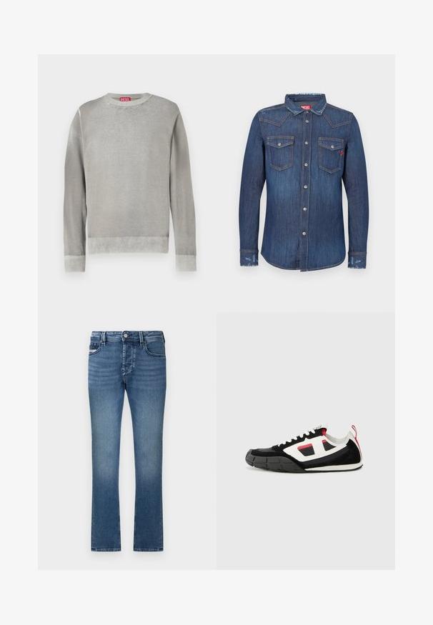Pull gris clair à col rond, manches longues, finitions côtelées aux poignets et à l'ourlet. Fabriqué en matériau doux au toucher lisse. Comprend une étiquette de marque visible.; Chemise en denim bleu foncé à manches longues, col pointu, deux poches poitrine, fermetures à boutons argentés et légères touches d'usure.; Jean en denim bleu avec une coupe droite, un design à cinq poches et une finition délavée. Dispose d'une ceinture à passants et d'une fermeture à bouton métallique.; Diesel S PAGODHA LOW - Baskets basses - black