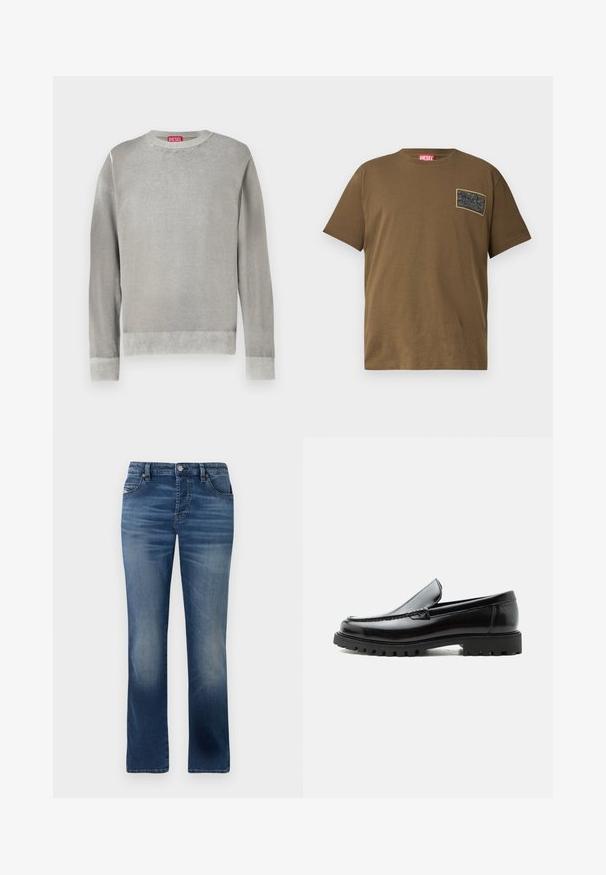 Lys grå sweater med rund halsudskæring, lange ærmer, ribbede manchetter og kant. Lavet af blødt materiale med en glat overflade. Har et synligt mærke.; Brun bomulds T-shirt med rund hals, der har et sort grafikmærke på venstre bryst. Kortærmet og med lige nederkant.; Mørkeblå denimbukser med lige ben-design, der har frontlommer, diskret falming og en klassisk knaplukning i taljen.; Sort læderloafer med chunky gummisål, syet overdel og præget mærkenavn på hælen, vist i sideprofil på hvid baggrund.