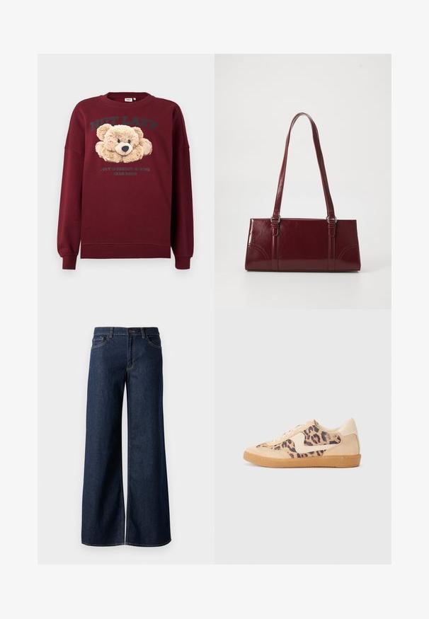 Mørkerød sweatshirt med teddy-bear grafisk motiv og teksten "IKKE DOVEN" og "UGENDE IMPLEMENTERET BÆR-MODE" på fronten, lange ærmer, ribbede manchetter.; Bredde ben jeans i mørkeblå denim. Har kontrastsyninger, fem lommer og en knaplukning i taljen. Glat tekstur.; Leopardprint sneakers med beige ruskindsoverdel, tan gummisål og hvide detaljer. Rund pegefinger og snørebåndsdesign med en tekstureret finish.; Bordeaux håndtaske lavet af glansfuldt materiale, rektangulær form, med to skulderremme og subtile buede detaljer på forsiden.