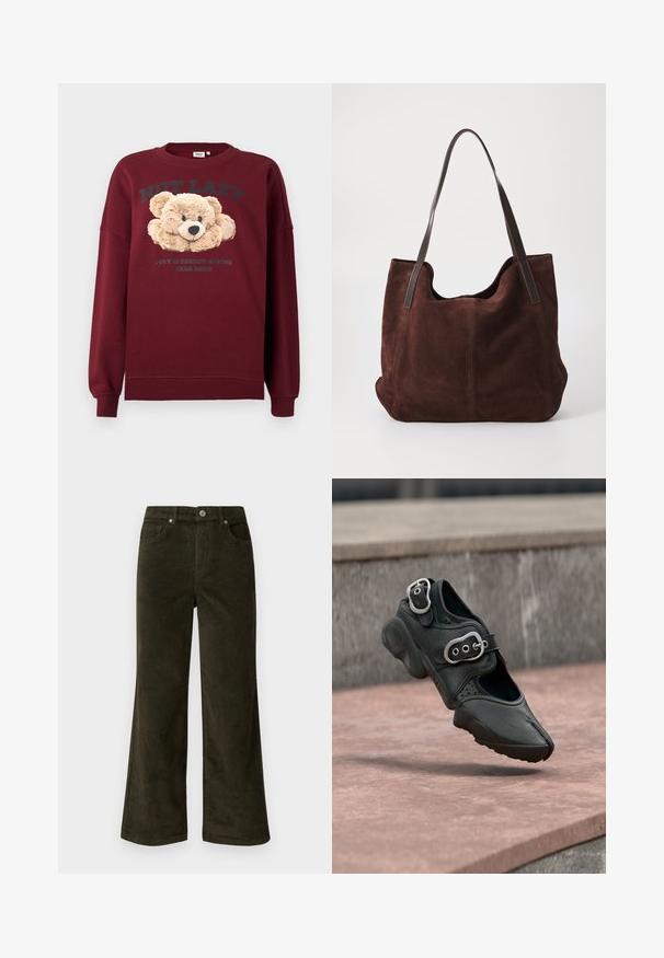 Bordeaux sweatshirt met teddybeer graphic en de tekst "NIET LUI" en "GEWOON IN ENERGIEBESPARED BAREMODE" aan de voorkant, lange mouwen, geribbelde manchetten.; Vero Moda Petite VMTESSA PANTS - Broek - forest night; Zwarte schoen met gespleten teen, twee zilveren gespen, dikke zool en geperforeerde details, zwevend boven een stenen oppervlak.; Bruine suede totebag met twee donkere leren schouderbanden. Zachte textuur, ronde bovenkant en een ruime binnenkant. Geen zichtbare hardware of versieringen.