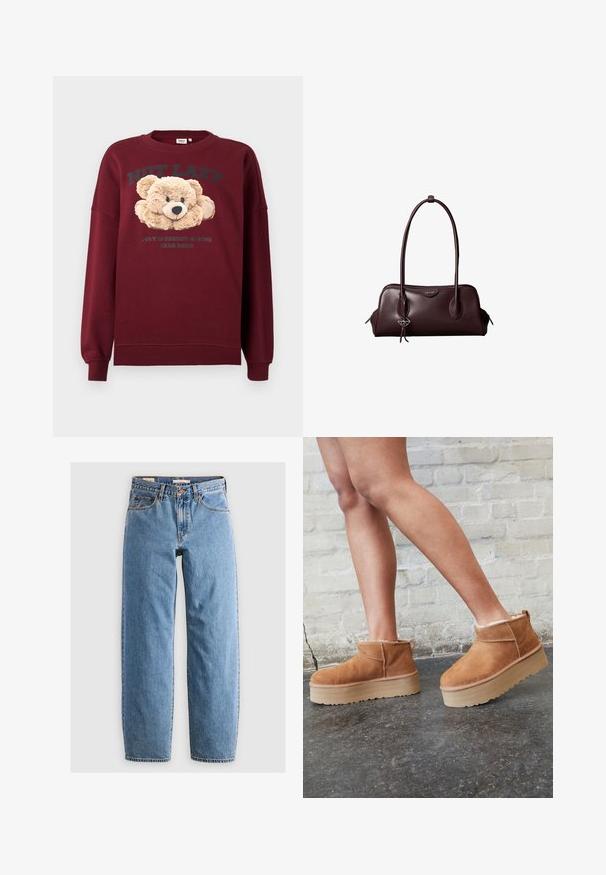 Bordeauxroter Hoodie mit Bären-Grafik und den Texten "NICHT FAUL" und "EINFACH IM ENERGIE-SPIESE-BÄREN-MODUS" auf der Vorderseite, lange Ärmel, Rippbündchen.; Helleblaue Denim-Jeans mit geradem Bein, fünf Taschen, einem Reißverschluss und einer subtilen, verwitterten Textur. Klassisches Design mit minimalem Hardwareeinsatz.; Braune Wildleder-Stiefeletten mit einem weichen Futter, dicker beige Plateau-Sohle und einer Zuglasche auf der Rückseite. Strukturiert Oberfläche mit sichtbaren Nähdetails.; Dunkelbraune Lederhandtasche von Calvin Klein mit langen doppelten Griffen und einem kleinen Logoanhänger, der an einem Griff hängt.
