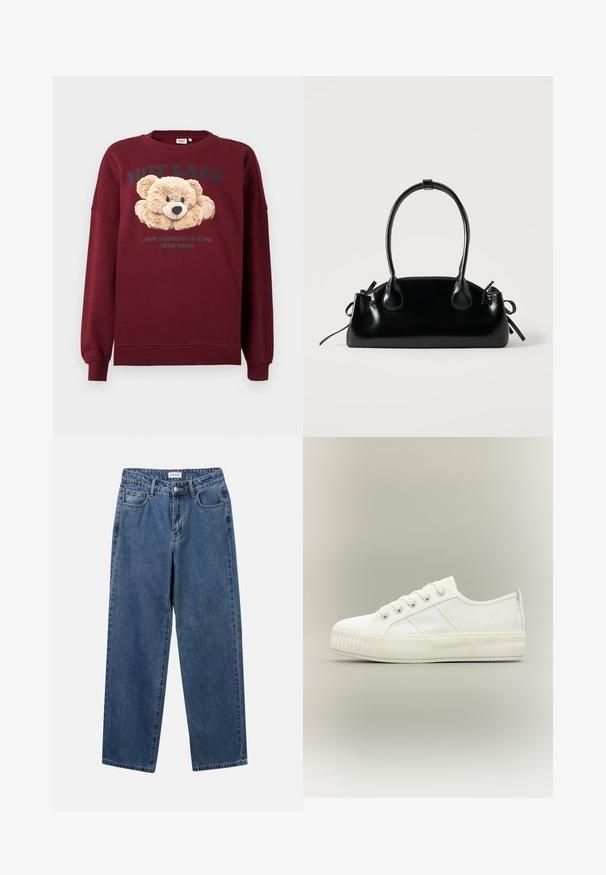 Mørkerød sweatshirt med teddy-bear grafisk motiv og teksten "IKKE DOVEN" og "UGENDE IMPLEMENTERET BÆR-MODE" på fronten, lange ærmer, ribbede manchetter.; Klassiske blå denimbukser med lige ben, fem lommer og knaplukning. Har en medium vask og en robust tekstur.; Hvid lavtop sneaker med tyk ribbet sål, snørelukning foran og trækflap på hælen mod en neutral baggrund.; Lille sort blank håndtaske med to lange håndtag og snøre-detaljer i siden på en ensfarvet lys baggrund.