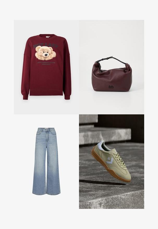 Bordeaux sweatshirt met teddybeer graphic en de tekst "NIET LUI" en "GEWOON IN ENERGIEBESPARED BAREMODE" aan de voorkant, lange mouwen, geribbelde manchetten.; Lichtblauwe wijde denim jeans met een hoge taille, voorzakken en een subtiele vervaagpatroon. De zoom heeft een ruwe rand.; Beige suède sneaker met een uiterlijk van een gumzool en wit sterrenlogo, zwevend boven textuurrijke betonnen trappen.; Bordeaux leren tas met een zachte, gekreukte textuur, een zwarte verstelbare schouderband en een ritsluiting. Heeft een subtiel logo aan de onderkant.