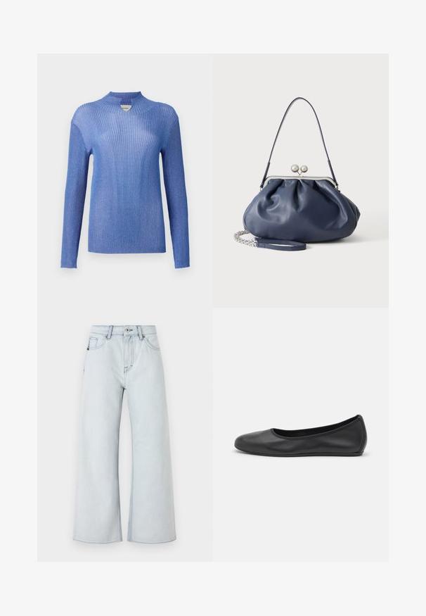 Blå ribbet striktrøje med høj hals og lange ærmer. Den har en struktureret overflade og let glimmer, hvilket giver en tætsiddende silhuet.; Lysblå jeans med bred benedesign, lavet af denim. Funktioner fem lomme-stil, bæltestropper og knaplukning.; Sort læderballetsko med rund tå, glat tekstur, minimal syning og et fleksibelt såldesign.; Blød navyblå læderhåndtaske med sølv lukning, enkelt skulderrem og aftagelig kæde til håndleddet på hvid baggrund.