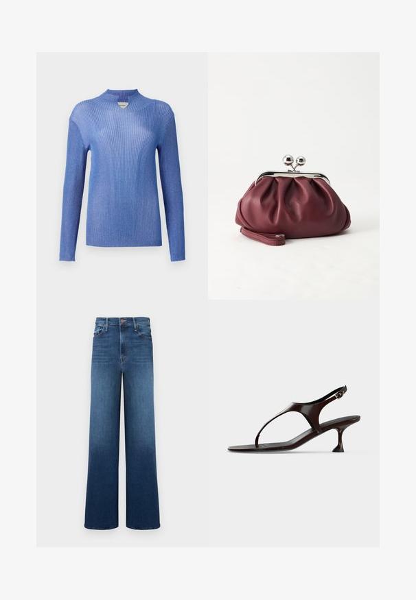 Pull en tricot bleu côtelé avec un col montant et des manches longues. Présente une finition texturée et un léger éclat, offrant une silhouette ajustée.; Jean large avec un dégradé de bleu, doté d'une taille haute, de cinq poches et de coutures contrastantes pour plus de détails.; Sandale slingback en cuir verni marron foncé avec petit talon et bride entre les orteils sur fond blanc.; Petit sac pochette en cuir bordeaux avec fermoir métallique argenté et bracelet sur fond blanc.