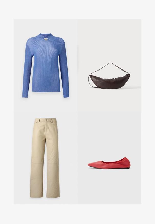 Pull en tricot bleu côtelé avec un col montant et des manches longues. Présente une finition texturée et un léger éclat, offrant une silhouette ajustée.; Pantalon beige à jambes larges avec fermeture avant à bouton et zip, passants pour ceinture et deux poches avant, présenté sur fond blanc.; Filippa K REY FLATS - Ballerines - bright red; Sac d'épaule en cuir marron foncé en forme de croissant avec une lanière courbée et des coutures visibles sur fond uni.