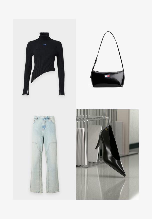 Suéter negro de cuello alto con un dobladillo asimétrico y aberturas laterales. Presenta un pequeño logo azul en el pecho. Fabricado con material suave.; Jeans de mezclilla azul claro con un ajuste holgado, piernas anchas y bolsillos delanteros tipo parche. Incluye un cierre de botón y trabillas para el cinturón.; Zapato de tacón alto negro con punta afilada y logo dorado, colocado sobre una superficie reflectante cerca de un organizador de archivos de alambre cromado con documentos.; Bolso de hombro de charol negro con una correa curva, cierre de cremallera y un parche de logo rectangular en rojo, blanco y azul.