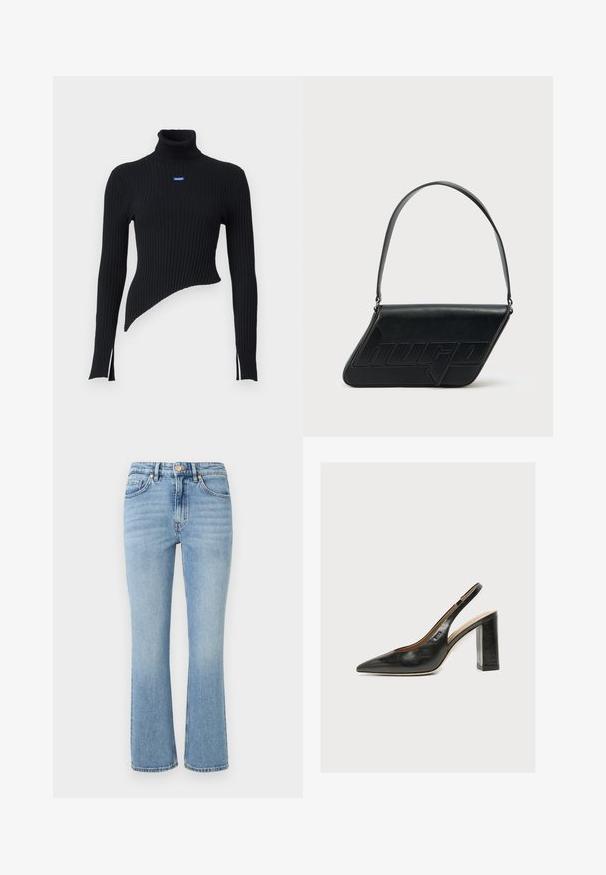 Sort ribbet turtleneck sweater med asymmetrisk kant og sidesplitter. Har et lille blåt logo på brystet. Fremstillet af blødt materiale.; Lys blå denim jeans med en udvidet design, høj talje, fem lommer og guld hardware. Funktioner en falmet vask og stikninger.; Sort dameslingback pumpe i læder med spids tå og tyk høj blokhæl på hvid baggrund.; Sort skuldertaske i læder med trekantet form, præget logo og en enkelt justerbar rem. Minimalistisk design med glat tekstur.