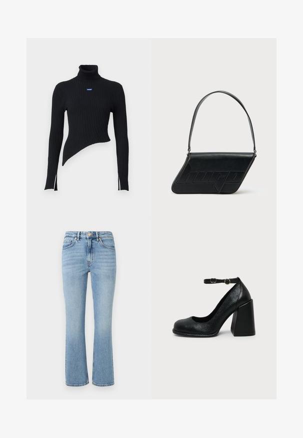 Sort ribbet turtleneck sweater med asymmetrisk kant og sidesplitter. Har et lille blåt logo på brystet. Fremstillet af blødt materiale.; Lys blå denim jeans med en udvidet design, høj talje, fem lommer og guld hardware. Funktioner en falmet vask og stikninger.; Sort læderstilet med rund tå og justerbar ankelrem med guld spænde på ensfarvet lyst baggrund.; Sort skuldertaske i læder med trekantet form, præget logo og en enkelt justerbar rem. Minimalistisk design med glat tekstur.