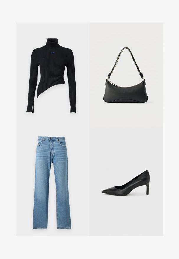 Sort ribbet turtleneck sweater med asymmetrisk kant og sidesplitter. Har et lille blåt logo på brystet. Fremstillet af blødt materiale.; Lyseblå denimjeans med lige ben-design, der har en standard talje, fem lommer og subtilt slid på stoffet.; Sort læderhøjhælet pumpe med spids tå og slank, mellemhøj hæl på en ensartet lys grå baggrund.; Sort skuldertaske i læder med en buet rektangulær form, gyldent kæde vævet ind i en flettet sort rem og toplynlås.