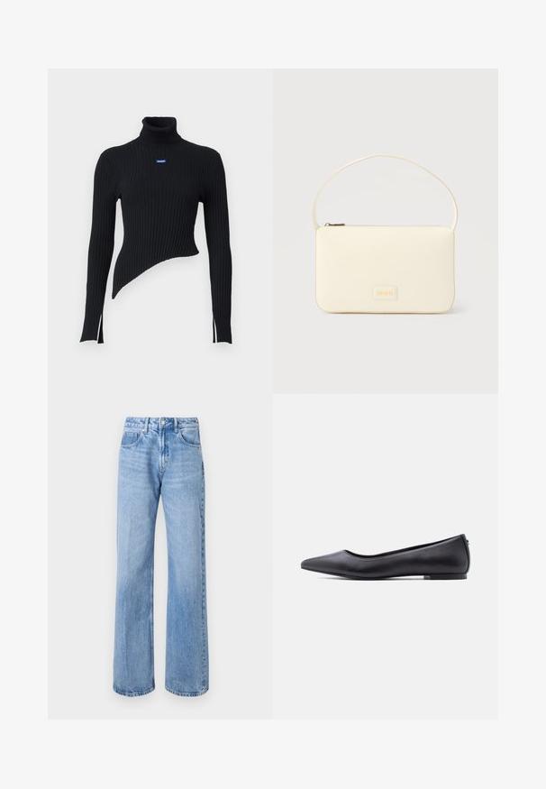 Sort ribbet turtleneck sweater med asymmetrisk kant og sidesplitter. Har et lille blåt logo på brystet. Fremstillet af blødt materiale.; Lyseblå, vid denimjeans med høj talje, fem lomme-design og diskret falmning. Sølvknap og lynlås lukning.; Sort flad lædersko med spidst tåparti og lav hæl, vist i sideprofil mod en hvid baggrund.; Kremfarvet rektangulær håndtaske med en enkelt rem og lynlås øverst, med en lille præget logo-plakette foran.