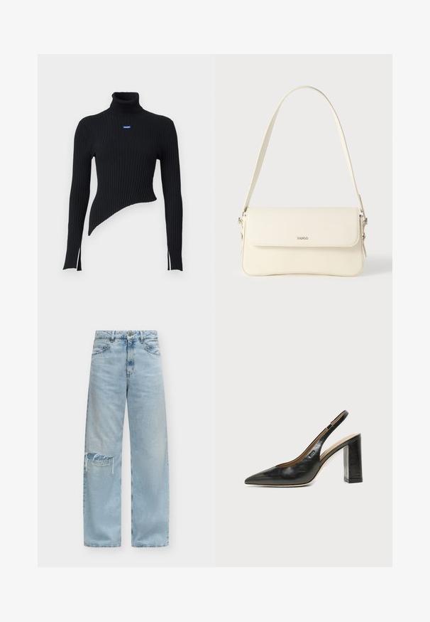 Sort ribbet turtleneck sweater med asymmetrisk kant og sidesplitter. Har et lille blåt logo på brystet. Fremstillet af blødt materiale.; Lyseblå højtaljede jeans med vidde ben med et slidt lap på venstre knæ og klassisk fem-lomme styling.; Sort læder peep-toe slingback sko med høj blokhæl og beige indvendig foring mod en ensfarvet lys baggrund.; Cremefarvet læder skuldertaske med flaplukning, sølvfarvet beslag, en enkelt justerbar rem og diskrete logodetaljer.
