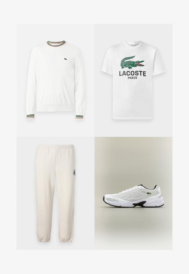 Biely sveter s okrúhlym výstrihom, ktorý má na golieri a rukávoch pruhy v zelených, červených a oranžových odtieňoch. Logo Lacoste na hrudi.; Lacoste Tričko s potlačou - white; Svetlo béžové tepláky z bavlny s elastickým pásom, rebrovanými manžetami a zeleným logom s dizajnom listu na ľavej nohe.; Biele atletické tenisky s textúrovaným sieťovinovým zvrškom, zakriveným dizajnom a kontrastnou čiernou podrážkou. S greennou vyšívanou nášivkou na boku.