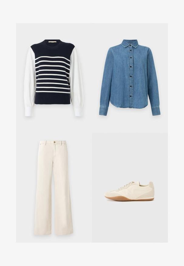 Gilet en tricot bleu marine avec des rayures blanches horizontales, porté sur des manches longues blanches bouffantes et des poignets blancs.; Chemise en denim bleu à manches longues avec col et boutons noirs, ourlet légèrement arrondi, posée à plat sur un fond blanc.; Pantalons larges beiges en coton avec une texture lisse. Comprend une fermeture à bouton, des poches avant et un design de taille classique.; Baskets beige clair avec une tige en cuir texturé, des panneaux latéraux texturés et une semelle en caoutchouc. Dotées d'un design fin et épuré ainsi que de lacets plats.
