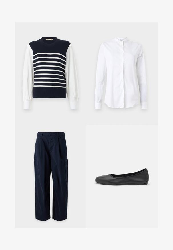 Gilet en tricot bleu marine avec des rayures blanches horizontales, porté sur des manches longues blanches bouffantes et des poignets blancs.; Chemise blanche à manches longues avec un col mandarin, en tissu lisse, dotée d'une patte de boutonnage à l'avant et d'une coupe ajustée. Sans motifs ni accents.; Pantalon cargo bleu marine à jambes larges, passants de ceinture, fermeture à l'avant, poches latérales et deux grandes poches sur les cuisses, exposé sur un fond uni.; Ballerines en cuir noir avec un bout rond, texture lisse, détails de couture minimalistes et design de semelle flexible.