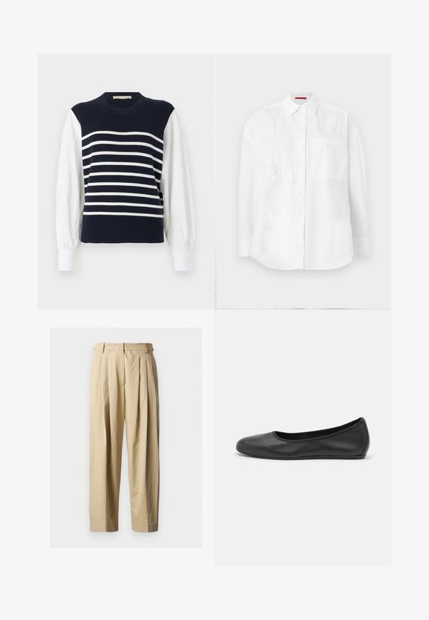 Gilet en tricot bleu marine avec des rayures blanches horizontales, porté sur des manches longues blanches bouffantes et des poignets blancs.; Chemise blanche à manches longues avec boutons, poche avant et col classique, présentée sur un fond blanc uni.; Pantalon beige à taille haute plissé avec passants pour ceinture, fermeture éclair à l'avant et jambes larges et droites sur un fond uni.; Ballerines en cuir noir avec un bout rond, texture lisse, détails de couture minimalistes et design de semelle flexible.