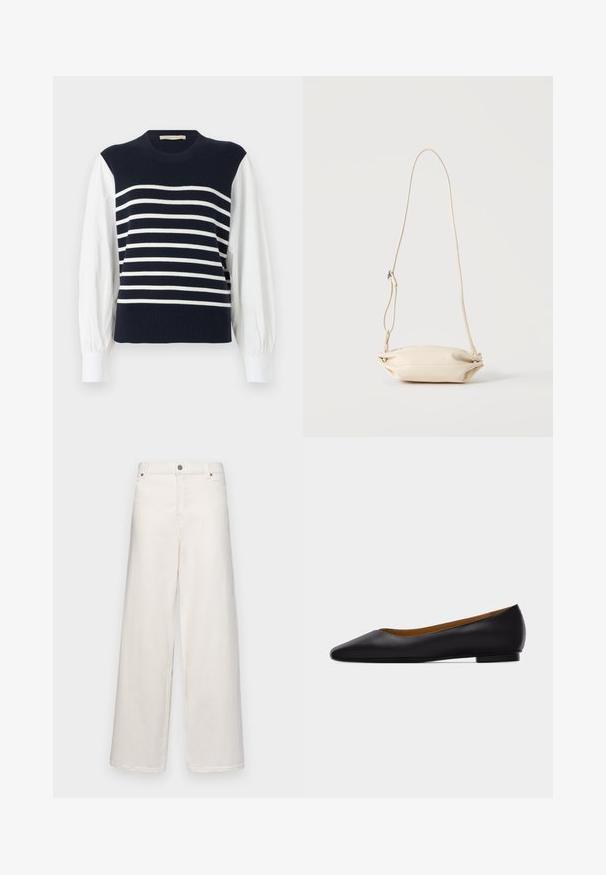 Gilet en tricot bleu marine avec des rayures blanches horizontales, porté sur des manches longues blanches bouffantes et des poignets blancs.; Pantalons à jambes larges en coton couleur crème. Comprend une fermeture à bouton, des passants de ceinture et deux poches avant. Texture lisse avec un minimum de détails.; Chaussure plate en cuir noir à bout pointu avec talon bas et finition lisse, vue de côté sur un fond gris clair.; Petit sac bandoulière en cuir beige avec sangle ajustable, présenté sur un fond clair uni.