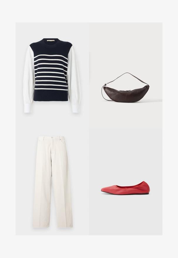 Gilet en tricot bleu marine avec des rayures blanches horizontales, porté sur des manches longues blanches bouffantes et des poignets blancs.; Pantalon ample couleur blanc cassé avec passants de ceinture, bouton à l'avant, fermeture éclair et poches latérales, présenté sur un fond clair uni.; Filippa K REY FLATS - Ballerines - bright red; Sac d'épaule en cuir marron foncé en forme de croissant avec une lanière courbée et des coutures visibles sur fond uni.