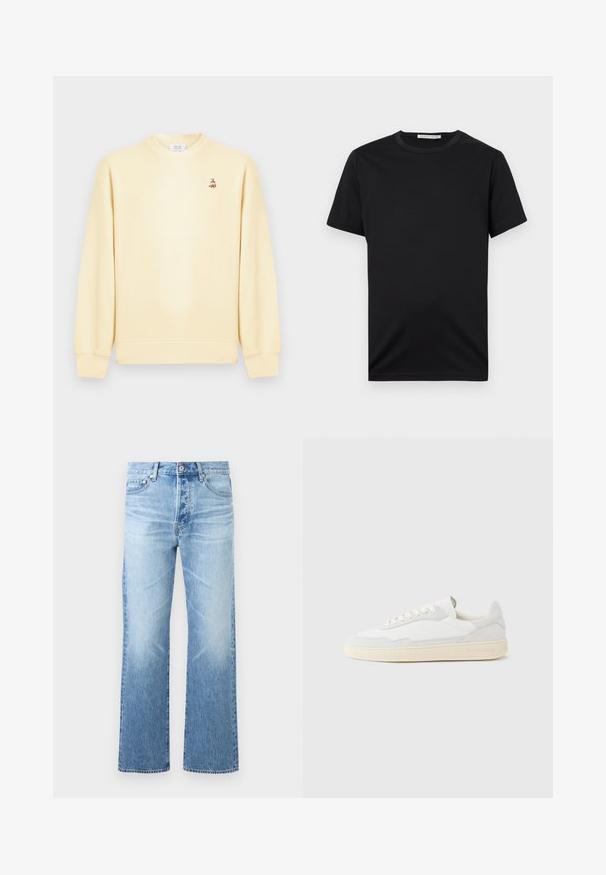 Sweat-shirt crème à col rond avec manches longues et un petit logo de renard brodé sur la poitrine gauche.; T-shirt noir à manches courtes avec col rond, design uni, étiquette « Tiger of Sweden » à l'intérieur du col.; Jean en denim bleu clair avec coupe droite, design à cinq poches, fermeture par bouton et légère décoloration sur les cuisses et les genoux.; Baskets blanches avec dessus en daim et cuir texturé. Caractérisées par un bout arrondi, une fermeture à lacets et une semelle en caoutchouc beige contrastante.