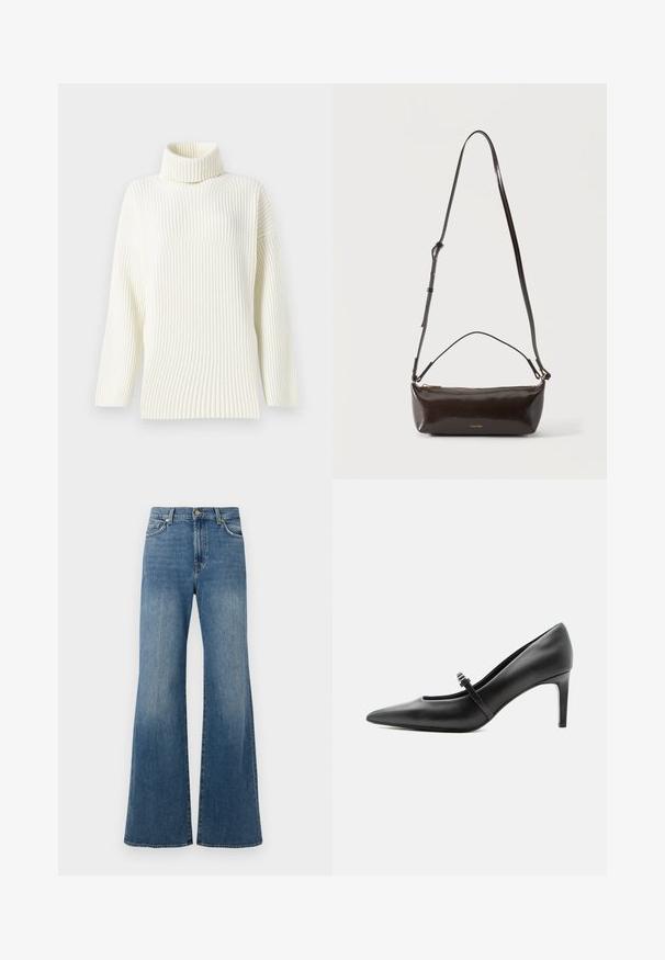 Cremefarvet ribbet turtleneck trøje med lange ærmer og løs pasform. Den bløde tekstur og det sømløse design øger komforten.; Flares blå jeans lavet af denim, med høj talje, brede ben og slidte detaljer på overfladen.; Sort læderspids højhælede sko med tynd rem og spænde over vristen, stående på en neutral lys baggrund.; Lille blank mørkebrun læder skuldertaske med justerbar rem, top håndtag og gyldent lynlås lukning.