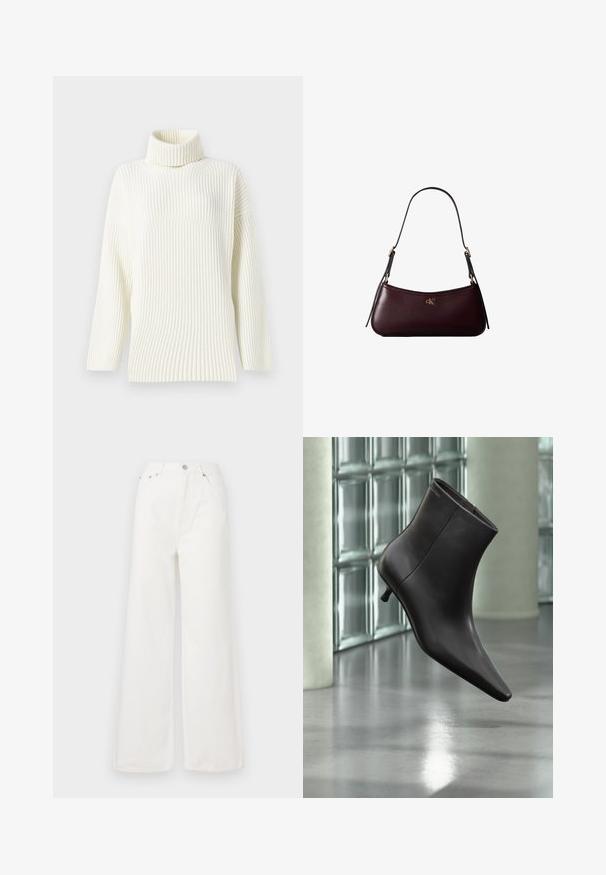 Cremefarvet ribbet turtleneck trøje med lange ærmer og løs pasform. Den bløde tekstur og det sømløse design øger komforten.; Hvide højtaljede brede jeans lavet af denim. Har frontlommer, knaplukning og afrivede kantdetaljer.; Sort læderankelstøvle med spids tå og lille hæl vist mod en væg af glasblokke og poleret gulv baggrund.; Mørk bordeaux læderhåndtaske med en tynd sort skulderrem og lille gyldent "cK" logo foran i midten.