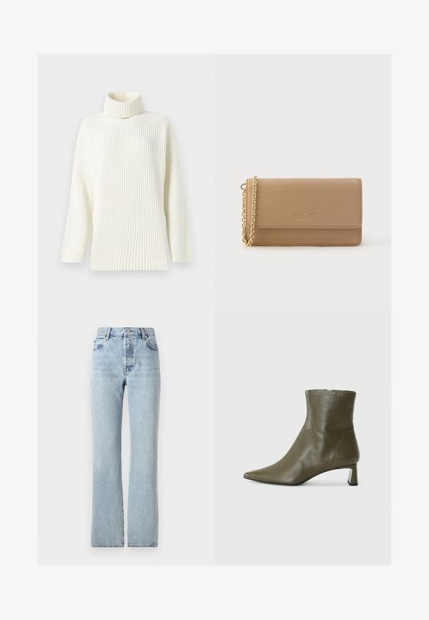 Cremefarvet ribbet turtleneck trøje med lange ærmer og løs pasform. Den bløde tekstur og det sømløse design øger komforten.; Lysblå denim jeans med høj talje, lige ben, klassisk fem-lommer design og subtil falming over det hele.; Olivengrøn læder ankelstøvle med spids tå og 4 cm blokeret hæl; glat tekstur og minimalistisk design med lynlås-lukning.; Beige læderpung med fold-over design, guld kæderem og præget logo detaljer på forsiden. Glat tekstur, rektangulær form.