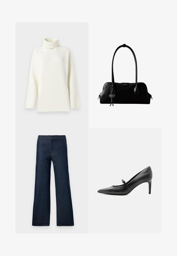 Crème-kleurige geribbelde turtleneck trui met lange mouwen en een relaxte pasvorm. Zachte textuur en naadloos ontwerp verhogen het comfort.; Donkerblauwe wijdvallende jeans gemaakt van denim, met een klassieke vijf-pocket design, knoopsluiting en subtiele stikdetails.; Zwarte leren pumps met puntige neus, dunne riem en gesp over de wreef, staand op een neutrale lichte achtergrond.; Zwarte leren Calvin Klein handtas met lange hengsels, een logo-label aan de voorkant en een zilverkleurige geometrische hanger die aan één hengsel hangt.