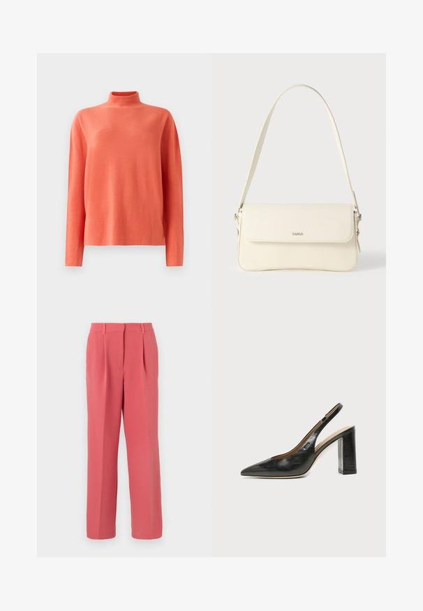 Suéter de punto de manga larga en color coral, con cuello alto y corte relajado, sobre un fondo blanco.; Pantalones sastre coral rosa de talle alto con pliegues delanteros, trabillas para cinturón y piernas rectas sobre un fondo liso y claro.; Zapato slingback de piel negra con puntera puntiaguda, tacón alto y ancho, y forro interior beige sobre un fondo claro y liso.; Bolso de hombro de cuero color crema con cierre de solapa, herrajes plateados, una sola correa ajustable y detalles sutiles con el logo.