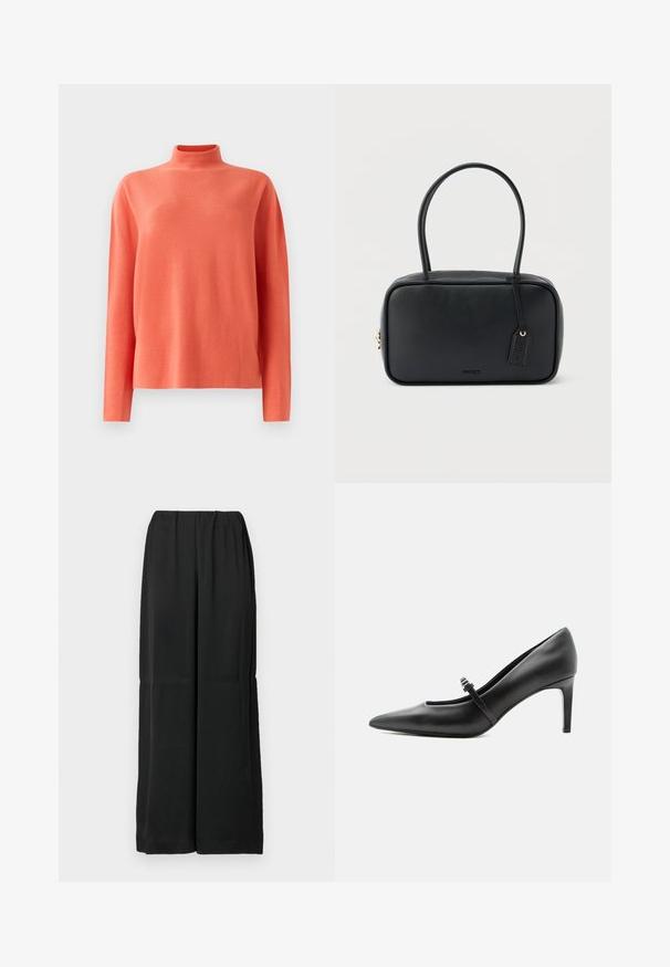 Pull en maille corail à manches longues avec col montant et coupe décontractée, présenté sur un fond blanc.; Pantalon noir à jambes larges en tissu doux, avec une taille élastique et un design épuré et minimaliste. Sans poches ni ornements.; Escarpin noir en cuir à bout pointu avec une fine bride et une boucle sur le cou-de-pied, posé sur un fond clair neutre.; Sac à main rectangulaire noir avec doubles poignées arrondies, fermeture éclair dorée et logo "HUGO" embossé sur le devant avec une étiquette en cuir attachée.