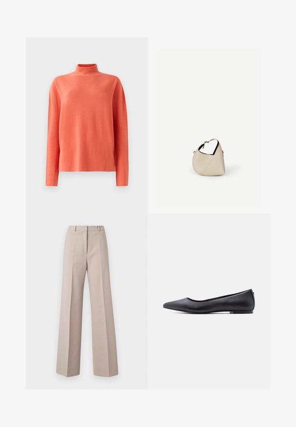 Pull en maille corail à manches longues avec col montant et coupe décontractée, présenté sur un fond blanc.; Pantalons beige à jambes larges en tissu lisse, avec une taille haute, des plis avant et une silhouette ajustée.; Chaussure plate en cuir noire à bout pointu avec petit talon, vue de profil sur fond blanc.; Sac à main en cuir beige en forme de croissant avec une seule bandoulière et des coutures minimalistes, posé sur un fond blanc uni.