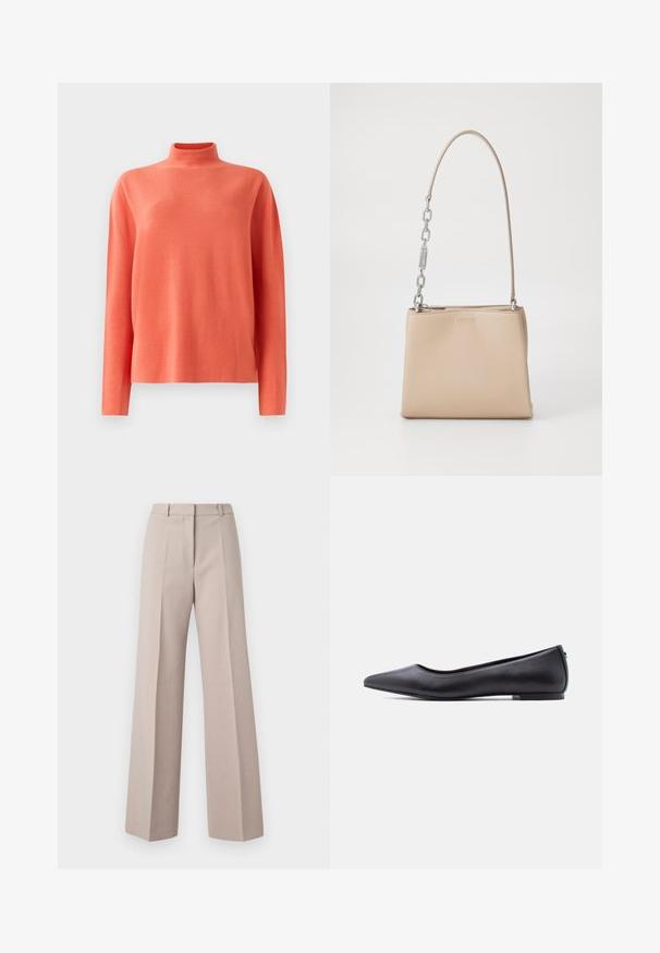 Suéter de punto de manga larga en color coral, con cuello alto y corte relajado, sobre un fondo blanco.; Pantalones de pierna ancha beige, fabricados con un tejido suave, que cuentan con una cintura alta, pliegues frontales y una silueta ajustada.; Zapato plano de cuero negro con punta puntiaguda y tacón bajo, mostrado de perfil contra un fondo blanco.; Bolso de mano de piel beige con una textura suave, con un acento de cadena plateada en el asa y un cierre de cremallera. "HUGO" grabado en la parte frontal.