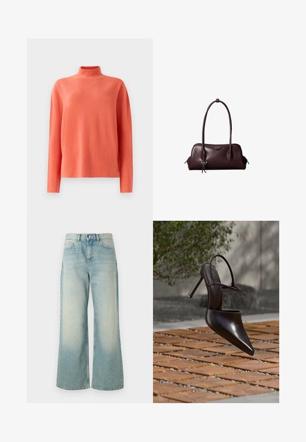 Koral langærmet strikket sweater med høj krave og afslappet pasform, vist på en hvid baggrund.; Lyseblå vide jeans lavet af denim, med en afdæmpet vask, klassisk fem-lomme design og en frontknaplukning.; Blank højhælet mule med spids tå og ankelrem, svævende over en terracottaflisebelagt overflade med grusfyldte mellemrum.; Mørkebrun lædertaske fra Calvin Klein med lange dobbelte håndtag og en lille logohængende ved det ene håndtag.