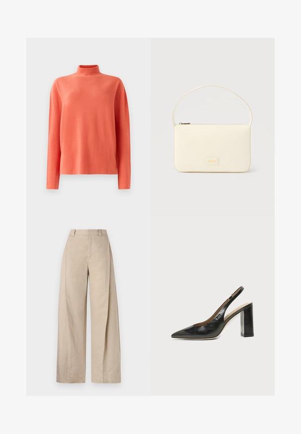 Pull en maille corail à manches longues avec col montant et coupe décontractée, présenté sur un fond blanc.; Pantalons larges en lin beige à taille haute, avec une texture lisse et des lignes épurées, conçus pour un ajustement décontracté.; Chaussure slingback en cuir noir à bout pointu avec un talon bloc haut et une doublure intérieure beige sur un fond clair uni.; Sac à main rectangulaire de couleur crème avec une seule sangle et une fermeture éclair sur le dessus, comportant une petite plaque de logo embossé à l'avant.