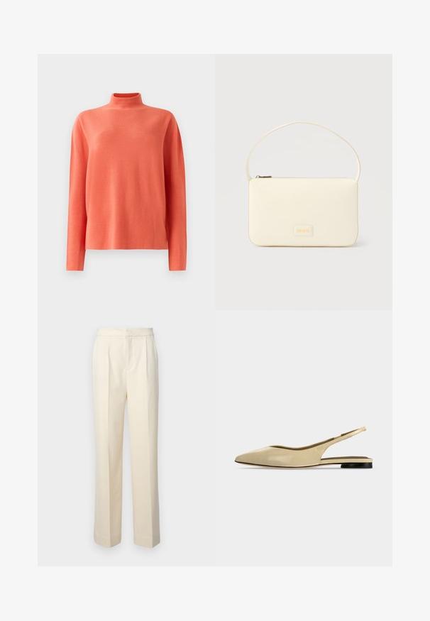 Pull en maille corail à manches longues avec col montant et coupe décontractée, présenté sur un fond blanc.; Pantalons taillés de couleur crème avec une jambe droite, présentant des plis sur le devant et une finition lisse. La taille est plate et sans ornements.; Chaussure plate beige à bout pointu avec bride arrière, petit talon noir et finition en cuir lisse, vue de côté sur un fond uni.; Sac à main rectangulaire de couleur crème avec une seule sangle et une fermeture éclair sur le dessus, comportant une petite plaque de logo embossé à l'avant.