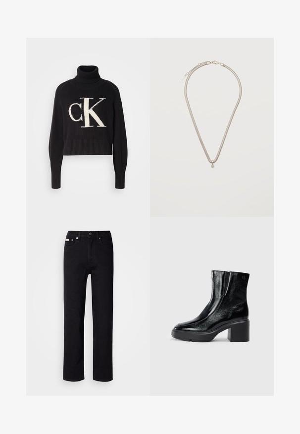 Pull noir côtelé avec un col montant, arborant un grand logo "ck" crème à l'avant. Longueur cropped et manches ajustées.; Jean en denim noir avec une coupe droite, doté de poches avant, d'une fermeture par bouton, et de détails de coutures contrastées.; Bottines en cuir verni noir avec un bout arrondi, des panneaux latéraux en élastique et un talon épais. Comprend un logo embossé à l'arrière.; Collier chaîne fine en argent avec un petit pendentif rond en argent, fermé par un fermoir mousqueton sur un fond blanc uni.