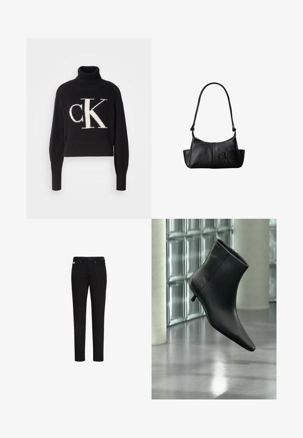 Sort ribbet sweater med høj hals, der har et stort cremefarvet "ck" logo på forsiden. Cropped længde og tætsiddende ærmer.; Sorte slim-fit jeans med knap og lynlås foran, med for- og baglommer samt et lille mærke på den højre forlomme.; Sort læderankelstøvle med spids tå og lav kitten-hæ, vist vinklet mod en poleret gulv- og glasblokvæg.; Sort læder skuldertaske med lang rem, sidelommer og præget Calvin Klein-logo på fronten.