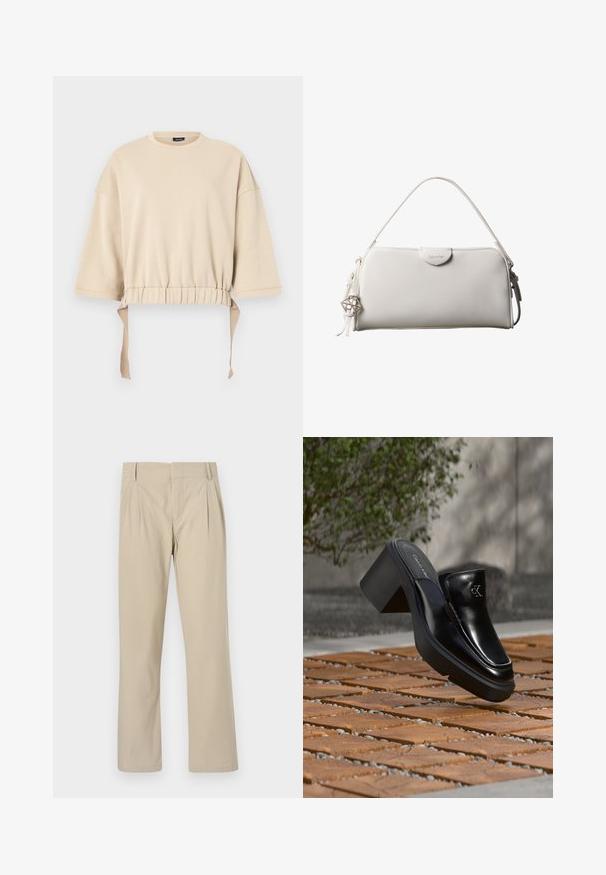 Beige cropped sweatshirt lavet af blødt materiale. Har brede ærmer, en samlet talje med snore, og en rund halsudskæring.; Beige brede benbukser lavet af bomuldsblanding; har folder foran, lige snit og bælteløkker. Glat tekstur, ingen mønstre.; Sort læder Calvin Klein slip-on mule med blokhæl, der hviler på trætøj udendørs nær en grøn plante og en grå væg.; Hvid rektangulær Calvin Klein håndtaske med enkelt håndtag, minimalistisk design og dekorative kvaster med geometrisk metalvedhæng på siden.