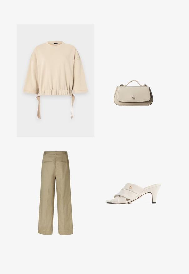 Beige cropped sweatshirt gemaakt van zachte stof. Beschikt over brede mouwen, een gathered taille met touwtjes en een ronde halslijn.; Beige wijde broek met een gladde textuur, achterzakken en riemlussen. Tailored fit met een rechte silhouet.; Beige hoge hakken mules met een gedraaide lederen band, open teen en een reliëf logo-accent. De hak heeft een zwarte puntdetail.; Kleine beige leren handtas met bovenhandvat en zilveren CK-logo op de voorflap, getoond tegen een witte achtergrond.