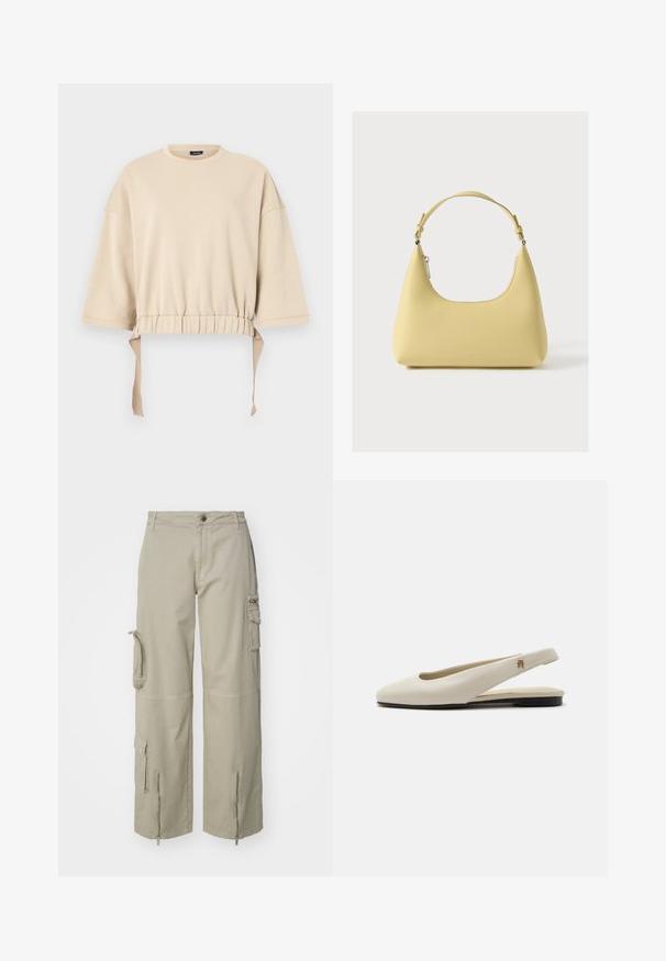 Sudadera recortada beige hecha de material suave. Presenta mangas anchas, una cintura fruncida con lazos y un cuello redondo.; Pantalones cargo beige hechos de algodón. Presentan grandes bolsillos laterales, aberturas con cremallera en los puños y un diseño relajado de pierna ancha.; Zapato plano slingback de cuero color crema con puntera redondeada y pequeño emblema dorado en la correa.; Bolso de cuero amarillo con una silueta curva, correa corta ajustable y compartimento con cremallera. Presenta un logo sutil en el frente.