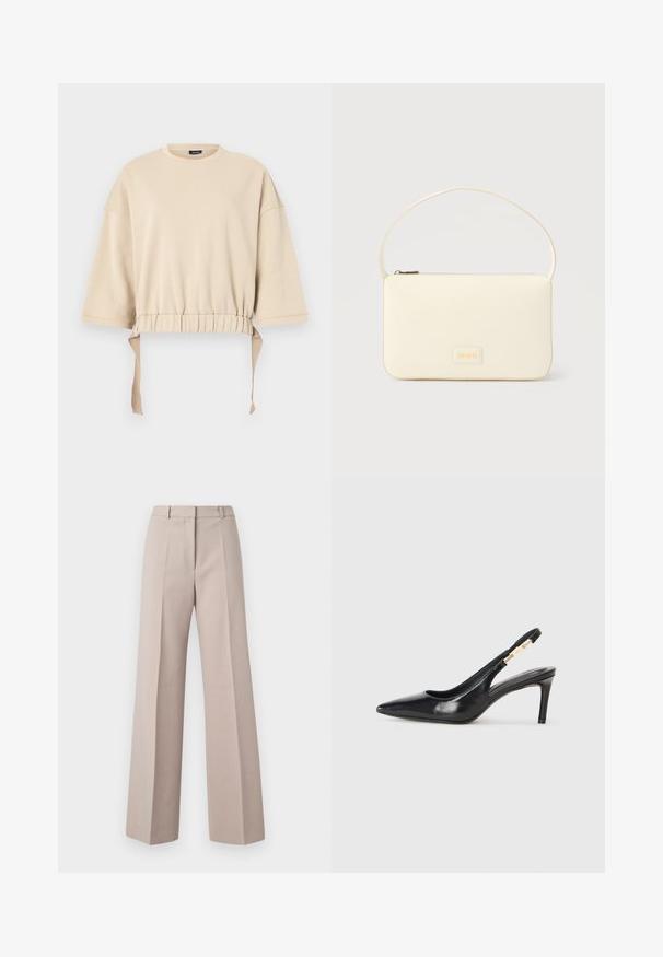 Beige cropped sweatshirt lavet af blødt materiale. Har brede ærmer, en samlet talje med snore, og en rund halsudskæring.; Beige vide bukser lavet af et glat stof, med høj talje, forkantede folder og en skræddersyet silhuet.; Sort læder slingback højhælede sko med spidse tæer, glat overflade og en smal ankelrem med guldfarvede hardware detaljer.; Kremfarvet rektangulær håndtaske med en enkelt rem og lynlås øverst, med en lille præget logo-plakette foran.