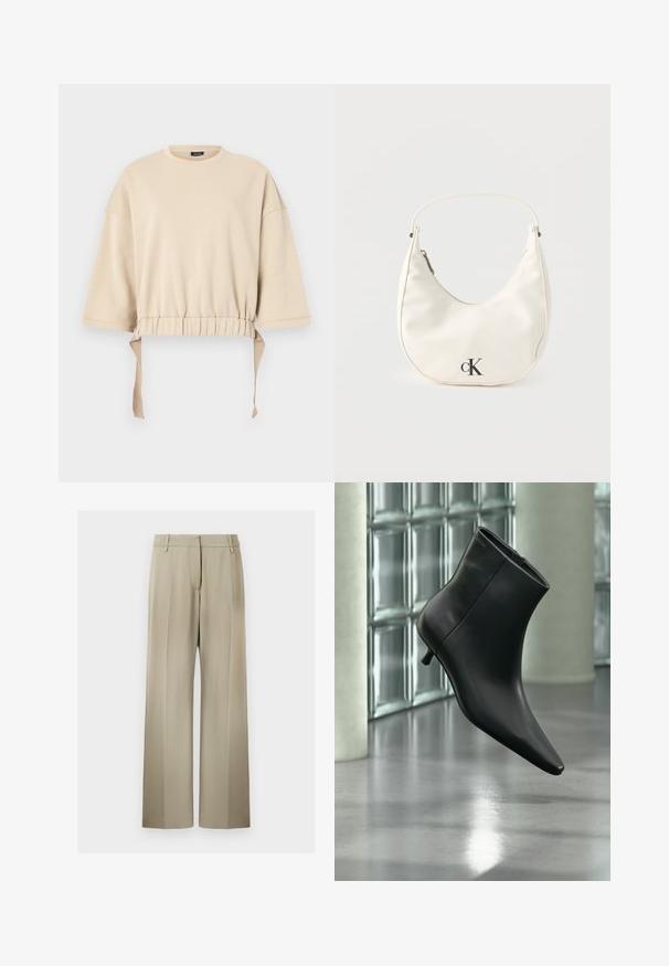Beige cropped sweatshirt gemaakt van zachte stof. Beschikt over brede mouwen, een gathered taille met touwtjes en een ronde halslijn.; Wijde broek met een zachte beige stof, voorzien van een flatte voorkant, riemlussen en een gladde textuur. Standaard tailleband zonder zichtbare patronen.; Zwarte leren enkellaars met spits toelopende neus en lage kittenhak, schuin weergegeven tegen een gepolijste vloer en een glazen blokken muur als achtergrond.; Kleine witte handtas in de vorm van een halve maan met een kort hengsel, ritssluiting en zwart "cK" logo aan de voorkant.