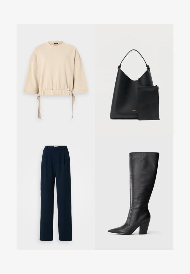 Vaaleabeige lyhyt huppari, joka on valmistettu pehmeästä materiaalista. Siinä on leveät hihat, kootut hihnat vyötäröllä ja pyöreä pääntie.; Good American LUXE SUITING COLUMN TROUSER - Housut - new navy; Mustasirinnat mustat nahkasaappaat, joissa on terävä kärki ja paksu korkea korko, esitetty vasemman sivuprofiilin näkökulmasta valkoista taustaa vasten.; Musta nahkainen olkalaukku, jossa on kaareva siluetti, litteä kahva ja samaan sarjaan kuuluva vetoketjullinen pussi. Edessä on kultainen logokoriste.