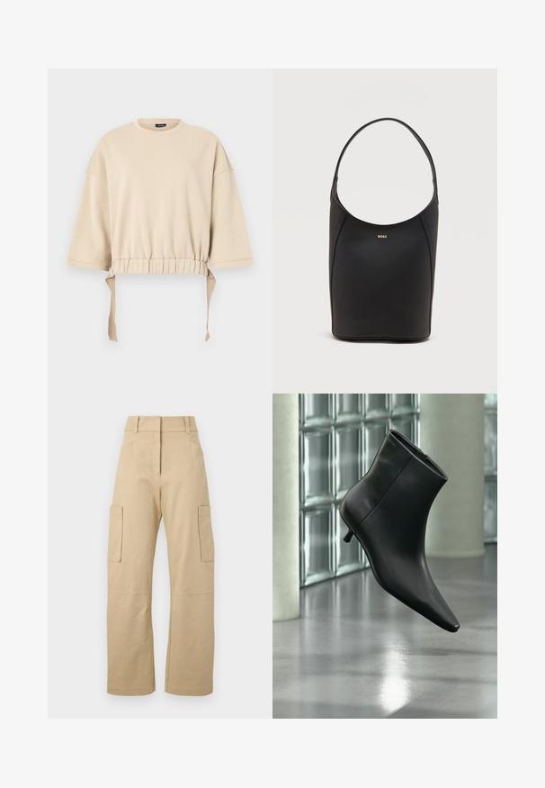 Beige cropped sweatshirt lavet af blødt materiale. Har brede ærmer, en samlet talje med snore, og en rund halsudskæring.; Beige cargo bukser lavet af bomuld, med høj talje, vide ben, to sidelommer og to store cargolommer på lårene.; Sort læderankelstøvle med spids tå og lav kitten-hæ, vist vinklet mod en poleret gulv- og glasblokvæg.; Sort læder bucket taske med én skulderrem og lille guldfarvet BOSS-logo centreret tæt på toppen foran.