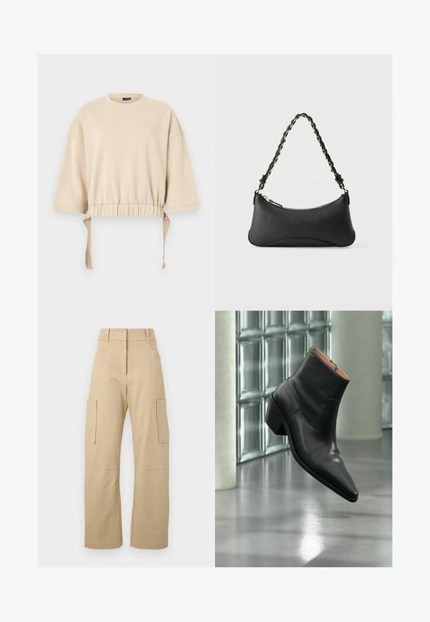 Beige cropped sweatshirt lavet af blødt materiale. Har brede ærmer, en samlet talje med snore, og en rund halsudskæring.; Beige cargo bukser lavet af bomuld, med høj talje, vide ben, to sidelommer og to store cargolommer på lårene.; Sort læderankelstøvle med spids tå og blokhæl, der svæver over en reflekterende grå gulv nær en væg af glasblokke.; Sort skuldertaske i læder med en buet rektangulær form, gyldent kæde vævet ind i en flettet sort rem og toplynlås.