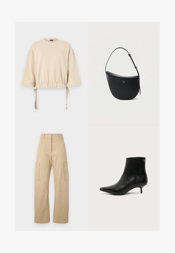 Beige cropped sweatshirt lavet af blødt materiale. Har brede ærmer, en samlet talje med snore, og en rund halsudskæring.; Beige cargo bukser lavet af bomuld, med høj talje, vide ben, to sidelommer og to store cargolommer på lårene.; Sort læder ankelstøvle med spids tå og lav kitten hæl på lys baggrund, der viser yderside.; Sort halv-måne skuldertaske i læder med justerbar rem og guld "BOSS"-logo centreret foran.