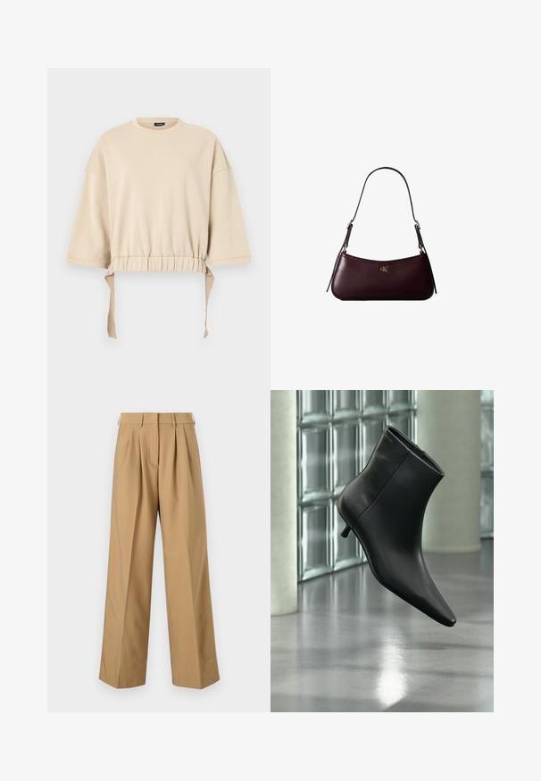 Beige cropped sweatshirt gemaakt van zachte stof. Beschikt over brede mouwen, een gathered taille met touwtjes en een ronde halslijn.; Beige katoenen broek met een hoge taille, geplooide voorkant, wijde pijpen en een gladde textuur. Voorzien van een standaard tailleband en riemlussen.; Zwarte leren enkellaars met spits toelopende neus en lage kittenhak, schuin weergegeven tegen een gepolijste vloer en een glazen blokken muur als achtergrond.; Donker bordeauxkleurige leren handtas met een smalle zwarte schouderband en klein gouden "cK" logo aan de voorkant in het midden.